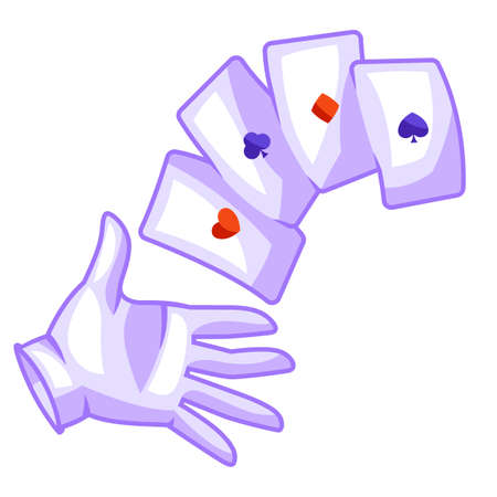 Magician hand in white glove with playing cards. Trick or magic illustration. Cartoon stylized picture.のイラスト素材