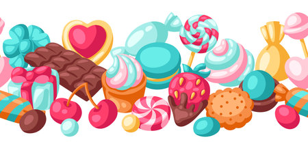 Seamless pattern colorful various candies and sweets. Confectionery or bakery stylized illustration.のイラスト素材