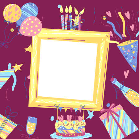 Happy Birthday greeting card with frame. Party invitation. Celebration or holiday items.のイラスト素材