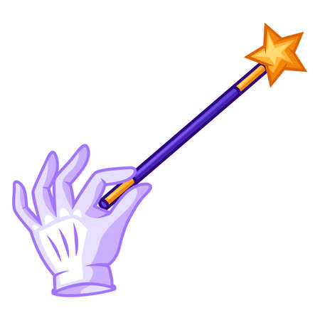 Magician hand with glove holding magic wand. Trick or magic illustration. Cartoon stylized picture.のイラスト素材