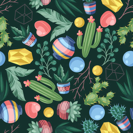 Seamless pattern with cactuses and succulents. Decorative spiky flowering cacti and plants in flowerpots. Home craft decoration.のイラスト素材