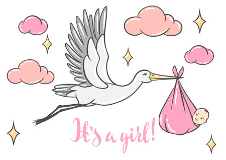 Happy Birthday greeting and invitation card. Holiday baby girl shower celebration simbols and items.のイラスト素材