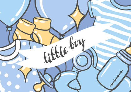 Happy Birthday greeting and invitation card. Holiday baby boy shower celebration simbols and items.のイラスト素材