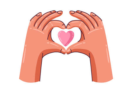 Happy Valentine Day illustration of hands holding heart. Holiday romantic image and love symbol.のイラスト素材