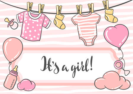 Happy Birthday greeting and invitation card. Holiday baby girl shower celebration simbols and items.のイラスト素材