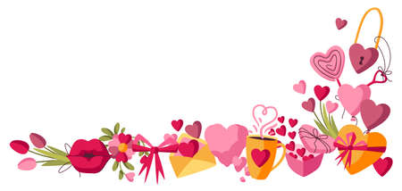 Happy Valentine Day decoration. Holiday background with romantic items and love symbols.のイラスト素材