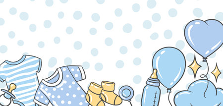 Happy Birthday greeting and invitation card. Holiday baby boy shower celebration simbols and items.のイラスト素材