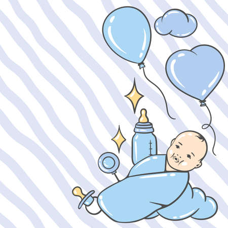 Happy Birthday greeting and invitation card. Holiday baby boy shower celebration simbols and items.のイラスト素材