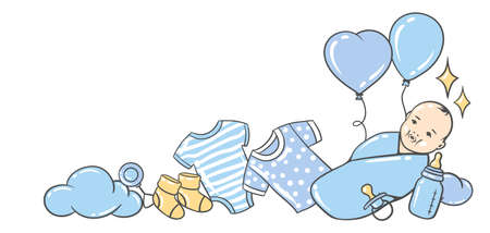 Happy Birthday greeting and invitation card. Holiday baby boy shower celebration simbols and items.のイラスト素材