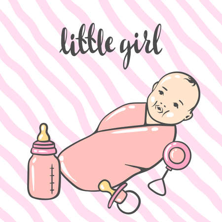 Happy Birthday greeting and invitation card. Holiday baby girl shower celebration simbols and items.のイラスト素材