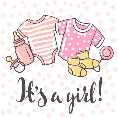 Happy Birthday greeting and invitation card. Holiday baby girl shower celebration simbols and items.のイラスト素材