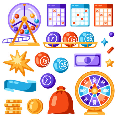 Lottery and bingo set of objects. Icons of gambling or online games. Background with lotto and casimo items.のイラスト素材