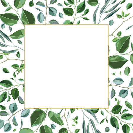 Frame with branches and green leaves. Spring or summer stylized foliage.のイラスト素材