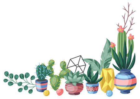 Background with cactuses and succulents. Decorative spiky flowering cacti and plants in flowerpots.のイラスト素材