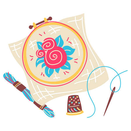 Illustration of embroidery needlework. Handicraft and hand made. Feminine creativity hobby and shopping.のイラスト素材