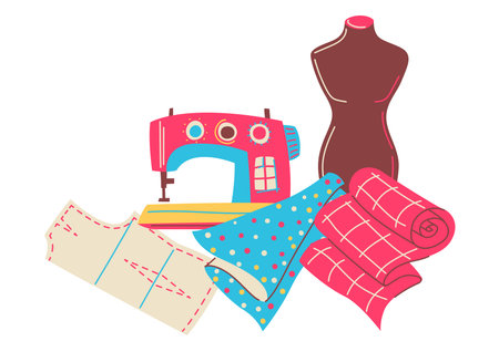 Illustration with needlework sewing items. Handicraft and hand made. Feminine creativity hobby and shopping.のイラスト素材