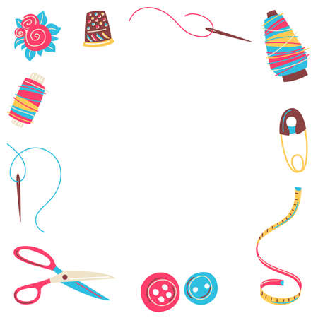 Frame with needlework sewing items. Handicraft and hand made. Feminine creativity hobby and shopping.のイラスト素材