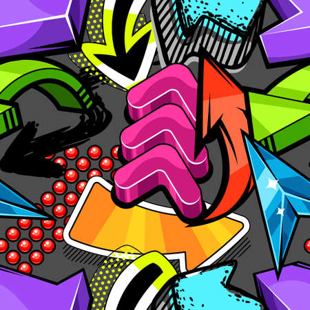 Seamless pattern with abstract graffiti arrows. Cartoon teenage creative image.のイラスト素材