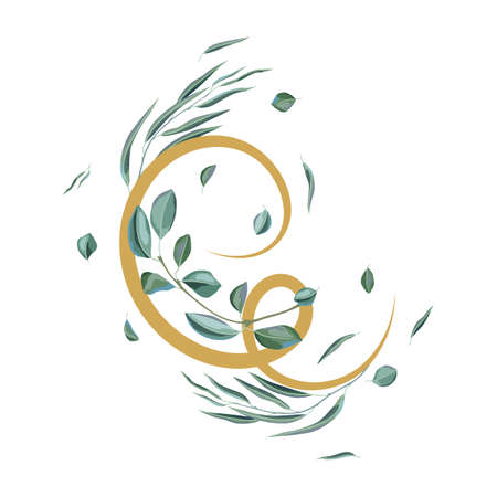 Decoration with branches and green leaves. Spring or summer stylized foliage. Seasonal illustration.のイラスト素材