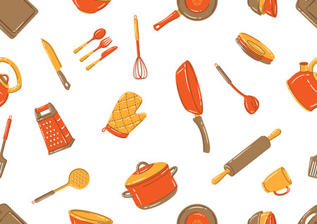 Seamless pattern with kitchen utensils. Cooking equipment for home and restaurant.のイラスト素材