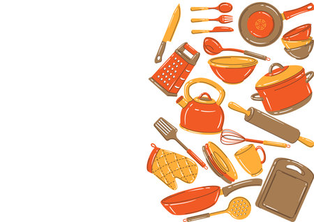 Background with kitchen utensils. Cooking equipment for home and restaurant.のイラスト素材