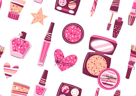 Seamless pattern with cosmetics for skincare and makeup. Illustration for catalog or advertising. Beauty and fashion items.のイラスト素材