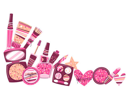 Background with cosmetics for skincare and makeup. Illustration for catalog or advertising. Beauty and fashion items.のイラスト素材
