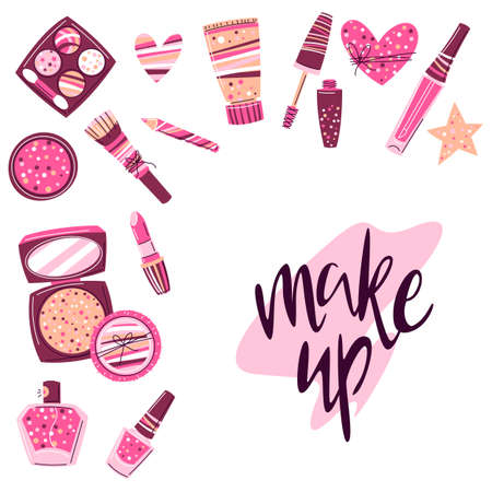 Background with cosmetics for skincare and makeup. Illustration for catalog or advertising. Beauty and fashion items.のイラスト素材