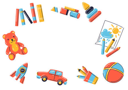 Frame with various kids toys. Happy childhood symbols. Playing game with friends. Image for shops and kindergartens.のイラスト素材