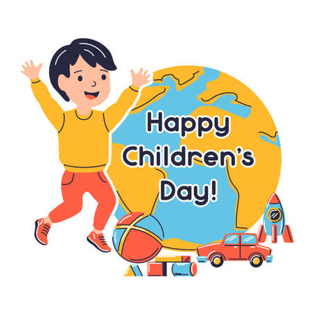 Happy children day greeting card. Illustration of jumping near earth smiling boy. Child in cartoon style. Happy childhood.のイラスト素材