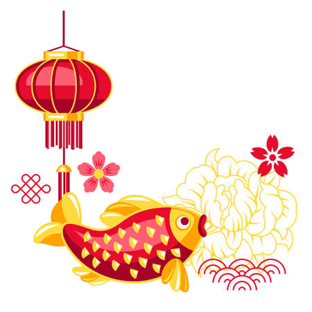 Happy Chinese New Year greeting card. Background with talismans and holiday decorations. Asian tradition symbols. Wishes of happiness, good luck and wealth.のイラスト素材