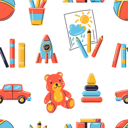 Seamless pattern with various kids toys. Happy childhood symbols. Playing game with friends. Image for shops and kindergartens.のイラスト素材