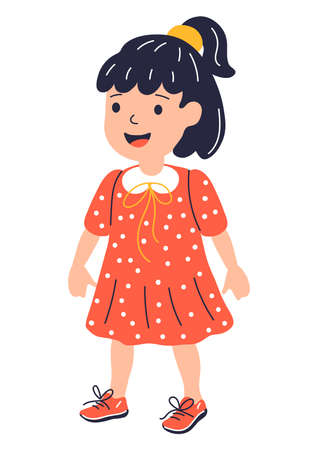 Illustration of standing smiling girl. Child in cartoon style. Image for school and kindergarten. Happy childhood.のイラスト素材