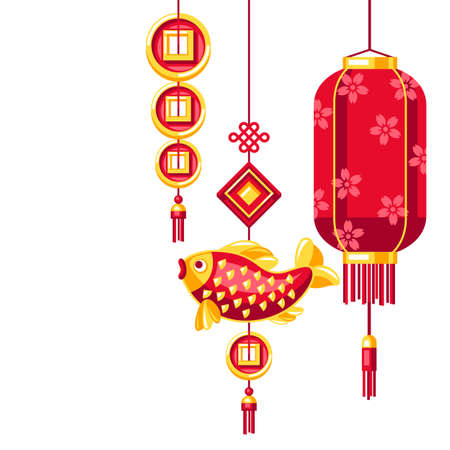 Happy Chinese New Year greeting card. Background with talismans and holiday decorations. Asian tradition symbols. Wishes of happiness, good luck and wealth.のイラスト素材