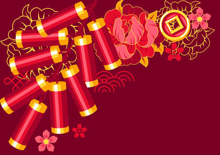 Happy Chinese New Year greeting card. Background with talismans and holiday decorations. Asian tradition symbols. Wishes of happiness, good luck and wealth.のイラスト素材