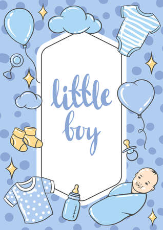 Happy Birthday decorative frame. Holiday baby boy shower celebration symbols and items.のイラスト素材