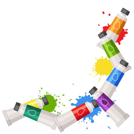 Background with paint tubes. Painter tools and materials. Art supplies for creativity. Artistic decorative items.のイラスト素材