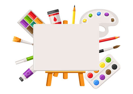 Background with painter tools and materials. Art supplies for creativity. Artistic decorative items.のイラスト素材