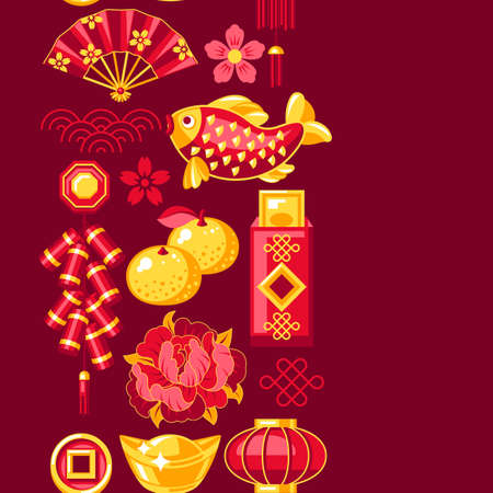 Happy Chinese New Year greeting card. Background with talismans and holiday decorations. Asian tradition symbols. Wishes of happiness, good luck and wealth.のイラスト素材