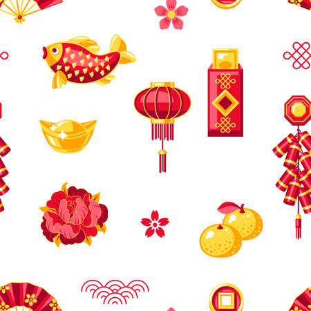 Happy Chinese New Year greeting card. Background with talismans and holiday decorations. Asian tradition symbols. Wishes of happiness, good luck and wealth.のイラスト素材