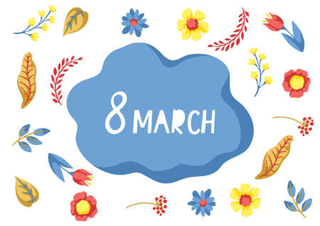 Greeting card for International Womens Day celebration. 8th March background with spring flowers. Beautiful decorative natural plants, buds and leaves.のイラスト素材