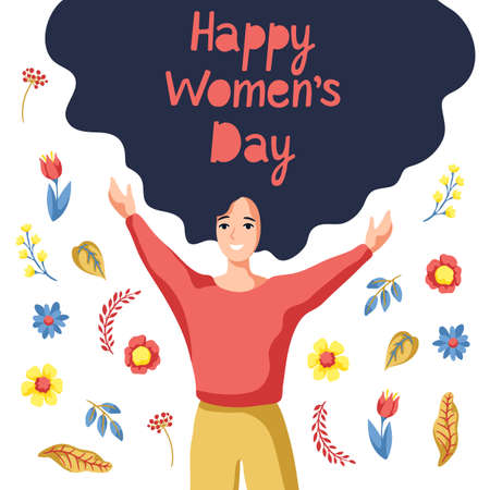 Greeting card for International Womens Day celebration. 8th March background with girl and flowers in cartoon style.のイラスト素材