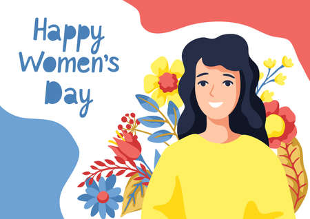 Greeting card for International Womens Day celebration. 8th March background with girl and flowers in cartoon style.のイラスト素材