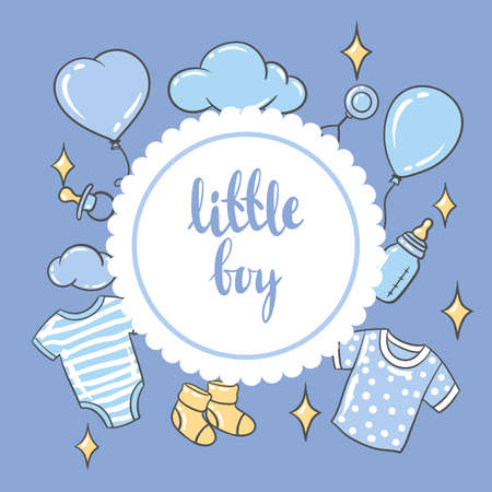 Happy Birthday greeting and invitation card. Holiday baby boy shower celebration symbols and items.のイラスト素材