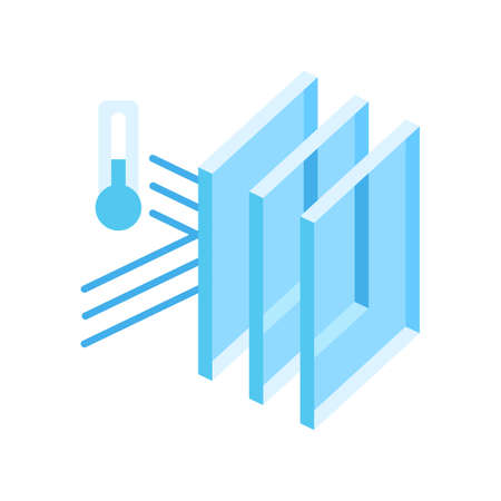 Keeping cold temperature inside house with glass layers. Cross section double glazed window. Infographics showing properties. Image for businesses and construction industry.のイラスト素材