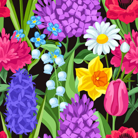 Seamless pattern with spring flowers. Beautiful decorative bouquet of blooming plants. Natural illustration.のイラスト素材