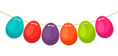 Illustration of Happy Easter eggs paper garland. Colorful flags decoration for celebration.のイラスト素材