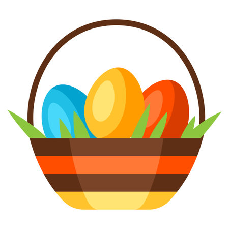 Illustration of Happy Easter eggs in basket. Cartoon symbol of celebration. Icon for design.のイラスト素材