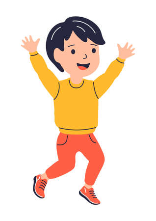 Illustration of jumping smiling boy. child in cartoon style. Image for school and kindergarten. happy childhood.のイラスト素材