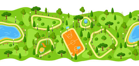Seamless pattern with beautiful summer or spring city park. Urban public space with lake, lawn and trees for walking and relaxing.のイラスト素材